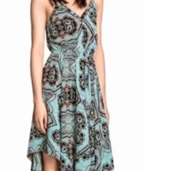 2/$30 H&M‎ Turquoise Cottage Sundress Sz 10 Handkerchief Hem Boho Tribal - Picture 3 of 15